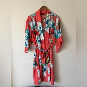 Natori Wild Poppy Kimono Robe Coral Floral Womens Medium Like New